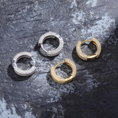 Iced Out Hoop Earrings Cubic Zirconia Huggie Cartilage Cuff Hypoallergenic 14K Gold Plated Luxury Fashion Round Circle Earrings For Men Women - color: 02 Silver