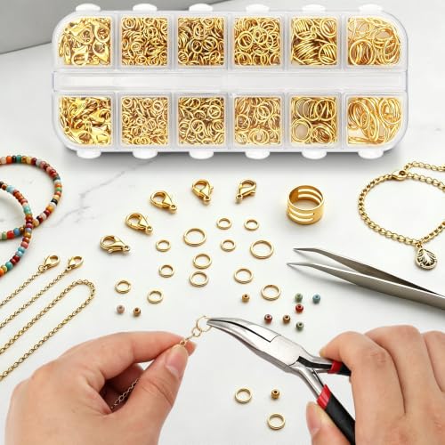 1200 Pcs Open Jump Rings, Jump Rings for Jewelry Making, Necklace Keychain Repair Kit with Making Tools Tweezer, Plier, Lobster Claw Clasps, Open Rings for DIY Crafts Keychains (Gold) - color: Gold