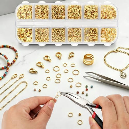 1200 Pcs Open Jump Rings, Jump Rings for Jewelry Making, Necklace Keychain Repair Kit with Making Tools Tweezer, Plier, Lobster Claw Clasps, Open Rings for DIY Crafts Keychains (Gold) - color: Gold
