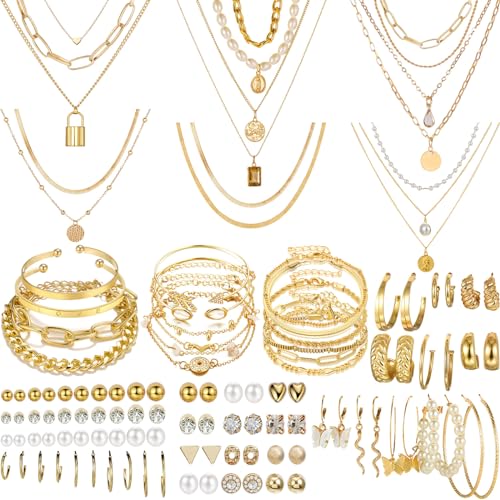 NEWITIN 69 Pieces Gold Jewelry Set for Women Fashion Costume Jewelry Gold Plated Necklace Bracelet Earrings Set for Women - color: Gold Jewelry Set