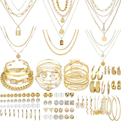NEWITIN 69 Pieces Gold Jewelry Set for Women Fashion Costume Jewelry Gold Plated Necklace Bracelet Earrings Set for Women - color: Gold Jewelry Set