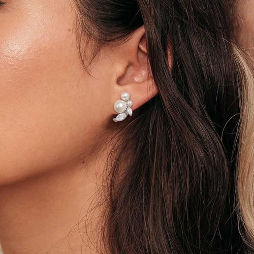 Crysdue Clip On Simulated Pearl Earrings, Sparkle Cubic Zirconia Stud Earring Wedding Jewelry for Women Brides Bridesmaid Silver