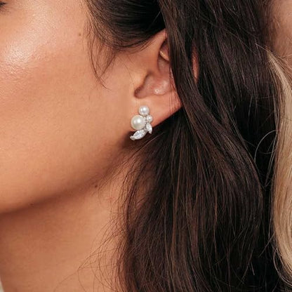 Crysdue Clip On Simulated Pearl Earrings, Sparkle Cubic Zirconia Stud Earring Wedding Jewelry for Women Brides Bridesmaid Silver