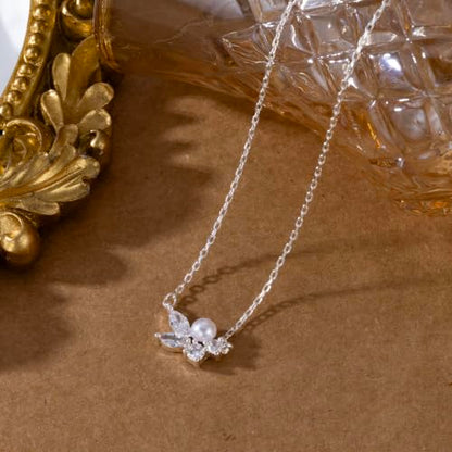 Pearl Necklaces for Women 14k Gold/White Gold Plated CZ Diamond | Dainty Cubic Zirconia Necklace, Bridal Bridesmaids Wedding Jewelry Gifts - color: Silver CZ Round Pearl