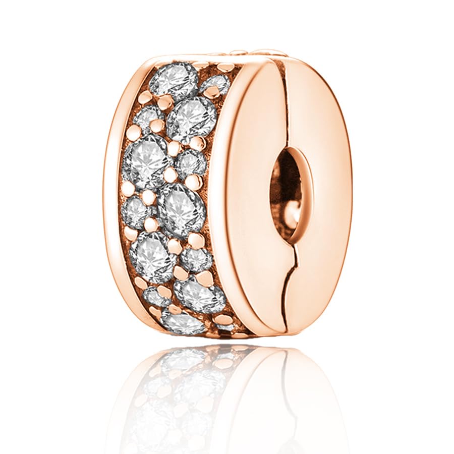 925 Sterling Silver Openable Clip Spacer Bead Fits Pandora Bracelet | Hypoallergenic Clip Stopper Charm, Star Clover Butterfly Floral Mom Heart Paved Zircon Gift for DIY Charm Bracelet Jewelry - color: Rose Gold Paved Zircon