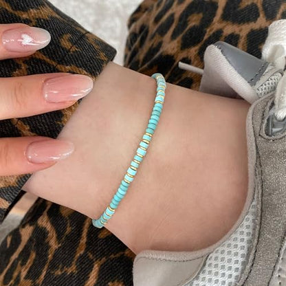 Natural Stone Beaded Anklets for Women Teen Girl Gifts Trendy Stuff Boho Anklet Colorful Bead Ankle Bracelets for Women Waterproof Handmade Beach Gifts Summer Jewelry Birthday Christmas Gift - color: Turquoise
