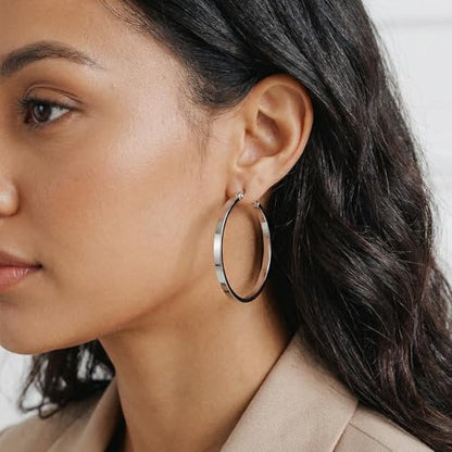RoseJeopal 925 Sterling Silver Flat Hoop Earrings for Women 20/30/40/50MM | 14K White Gold Plated, Hypoallergenic, Lightweight, Flat Hoop, Jewelry Gift - color: Silver-40MM