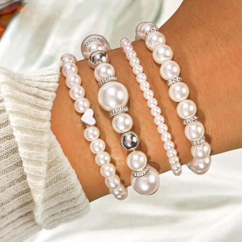 4/8 Pack Pearl Bracelets for Women Simulated Pearl Beaded Stackable Bracelet Set White Pearls Stretch Bracelet Set Multilayered Elastic Pearls Bracelets Bangles for Women Bridal Boho Jewelry - color: Silver
