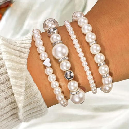 4/8 Pack Pearl Bracelets for Women Simulated Pearl Beaded Stackable Bracelet Set White Pearls Stretch Bracelet Set Multilayered Elastic Pearls Bracelets Bangles for Women Bridal Boho Jewelry - color: Silver