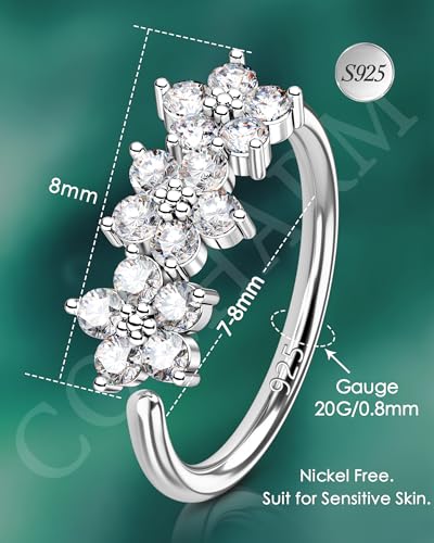 20G 925 Sterling Silver Small Thin Nose Ring Hoop for Women, Silver 7mm - 8mm Adjustable Half Hoop Nostril Piercing Jewelry - color: Z-Flower
