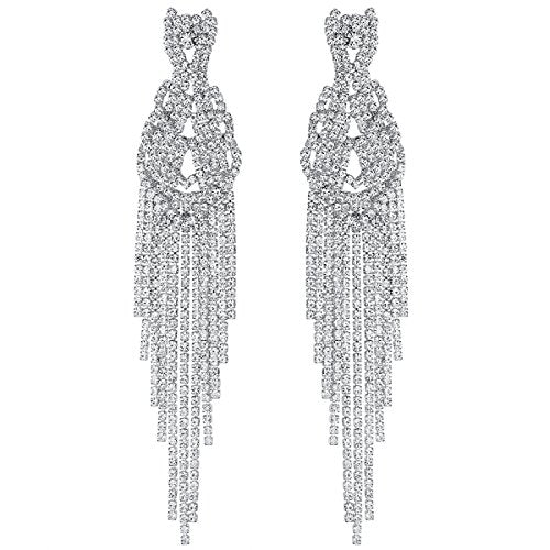 Silver Rhinestone Crystal Bridal Chandelier Long Tassels Dangle Earrings for Wedding - color: B-2
