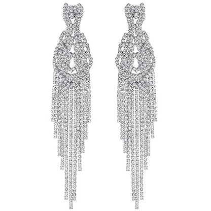 Silver Rhinestone Crystal Bridal Chandelier Long Tassels Dangle Earrings for Wedding - color: B-2