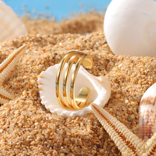 PLOMFOV 14K Gold Filled Gold Toe Rings for Women Adjustable Toe Rings Non Tarnish Solid 14K Real Gold Toe Ring - style: Triple Line