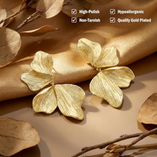 Chunky Gold Plated Flower Statement Drop Earrings for Women | Hypoallergenic 18K Gold Plated Textured Petal Wing, Large Statement Dangle Earrings for Wedding Party - color: Gold