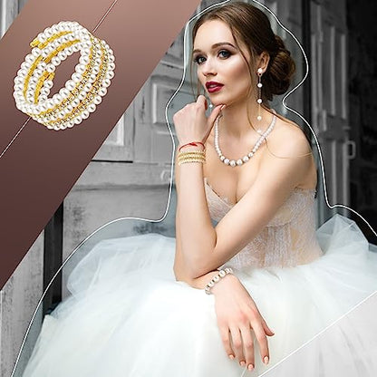 Bonuci 12 Pcs Women Pearl Jewelry Set Pearl Necklace Bracelet Earrings with Rhinestone for Wedding Birthday Bridal Tea Party - style: Novel Style
