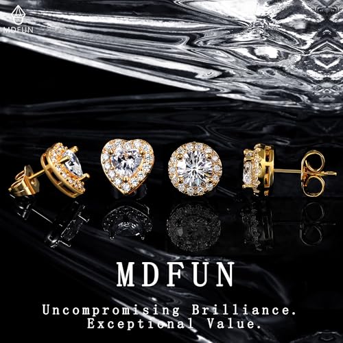 MDFUN Halo Stud Earrings 18K Gold Plated Round/Square/Heart/Teardrop Cubic Zirconia Earrings Set for Women - color: B-Round/Heart