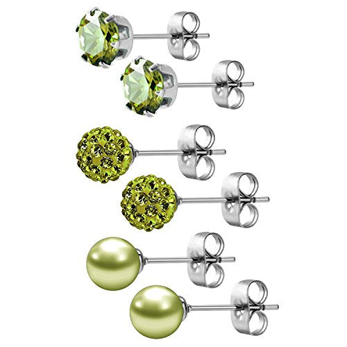 JewelrieShop Birthstone Studs Earring Set Cubic Zirconia Rhinestones Crystal Ball Faux Pearl Stainless Steel Stud Earrings for Women Jewelry Gift (6mm Round,3 Pairs) - color: 8) Aug. - Deep Olive