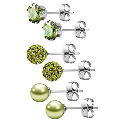 JewelrieShop Birthstone Studs Earring Set Cubic Zirconia Rhinestones Crystal Ball Faux Pearl Stainless Steel Stud Earrings for Women Jewelry Gift (6mm Round,3 Pairs) - color: 8) Aug. - Deep Olive