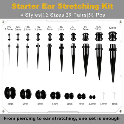 58 Pieces Ear Stretching Kit 1mm-12mm, Acrylic Tapers and Plugs + Silicone Tunnels, Ear Gauges Expander Set, Body Piercing Jewelry for Ear Stretching Beginners