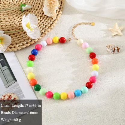 Chunky Beaded Necklace for Women 16mm Round Bead Resin Modern Statement Necklace Jewelry Accessories - color: colorful 01