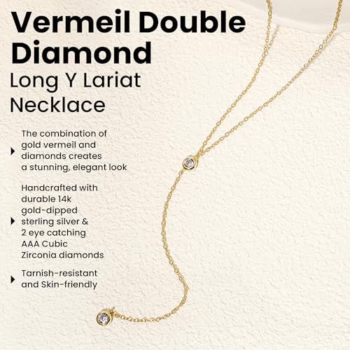 Faire de la Mode Dainty Drop Lariat Necklace for Women, 16" to 18" Adjustable Length Double CZ Lariat Y Necklace - color: Gold