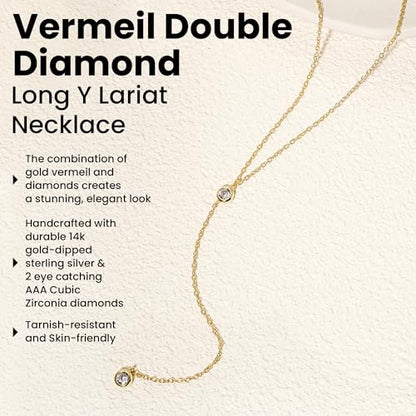 Faire de la Mode Dainty Drop Lariat Necklace for Women, 16" to 18" Adjustable Length Double CZ Lariat Y Necklace - color: Gold