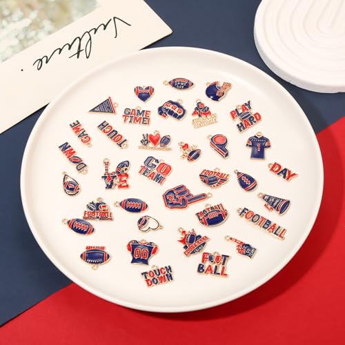 40PCS Game Day Charms for Bracelet Making Enamel Football Charms for Bracelet Necklace Earrings Jewelry Making DIY Football Mom Accessories Gifts - color: Red Blue