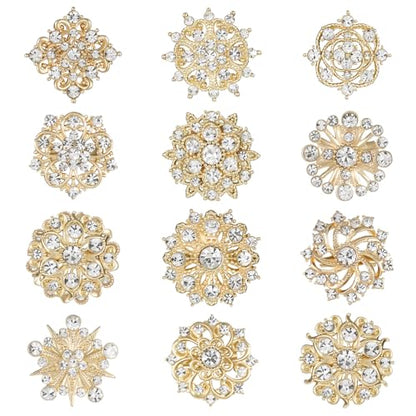 12Pcs Crystal Rhinestone Flower Brooch Pins Set, Wedding Brooches For Women - color: Gold