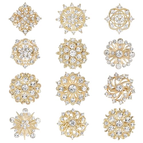 12Pcs Crystal Rhinestone Flower Brooch Pins Set, Wedding Brooches For Women - color: Gold