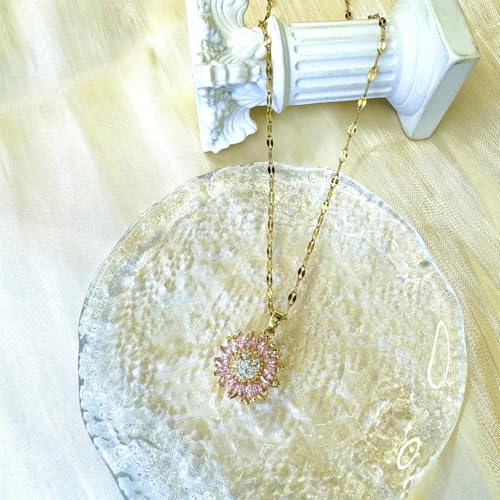 Sunflower Fidget Necklace for Women Gold Moon Necklace Rotating Heart Necklaces Spinning Crystal Flower Anxiety Necklaces Crescent Moons Jewelry Accessories - color: Pink
