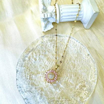 Sunflower Fidget Necklace for Women Gold Moon Necklace Rotating Heart Necklaces Spinning Crystal Flower Anxiety Necklaces Crescent Moons Jewelry Accessories - color: Pink
