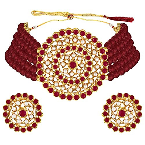 Aheli Pearl Diamond Choker Necklace & Round Earrings Gift for Women Indian Traditional Bollywood Fashion Bharatanatyam jewellery set - color: Red