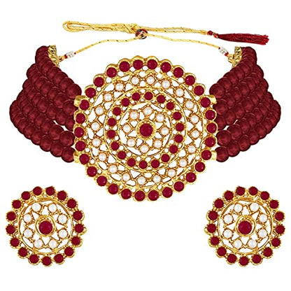 Aheli Pearl Diamond Choker Necklace & Round Earrings Gift for Women Indian Traditional Bollywood Fashion Bharatanatyam jewellery set - color: Red