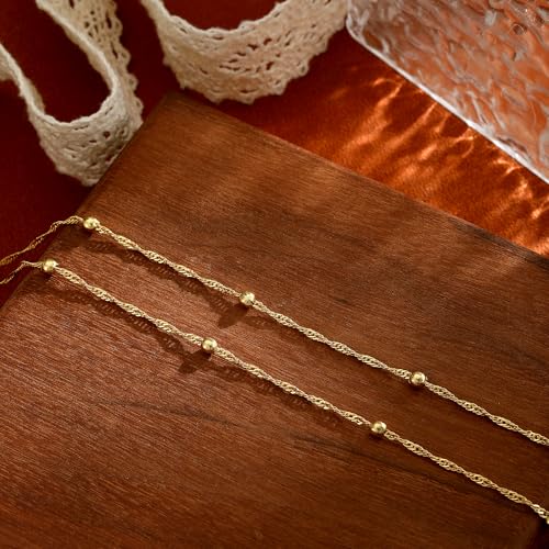 ASCOMY Ankle Bracelets for Women 14K Gold/Silver Plated Anklets for Women Waterproof Layered Cute Beads Dot Shining Twist Rope Chain Pearl Bar Link Heart Anklets Summer Beach Foot Chain Jewelry Gifts - style: Beads Link-GD