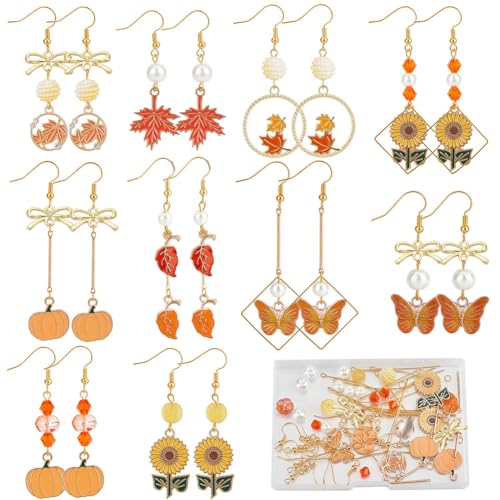 SUNNYCLUE 1 Box 144Pcs DIY 10 Pairs Thanksgiving Charms Earring Making Starter Kit Enamel Maple Leaf Charm Pumpkin Sunflower Fall Autumn Pendants Imitation Pearl Beads for Jewelry Making Kits