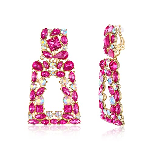 Flyonce Rectangle Clip-on Drop Earrings for Women, Sparkly Rhinestone Crystal Geometric Statement Non Pierced Earring Wedding Prom Party Jewelry for Brides Bridesmaid - color: Hot Pink