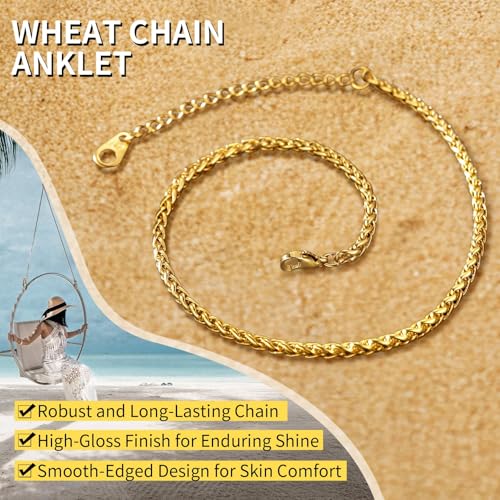 ChainsHouse Ankle Bracelets for Women, Stainless Steel Beaded Chain Ankle Bracelet, Womens Heart Anklets for Summer Beach Jewelry Gifts - color: N: wheat-3mm-gold