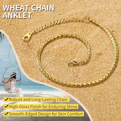 ChainsHouse Ankle Bracelets for Women, Stainless Steel Beaded Chain Ankle Bracelet, Womens Heart Anklets for Summer Beach Jewelry Gifts - color: N: wheat-3mm-gold