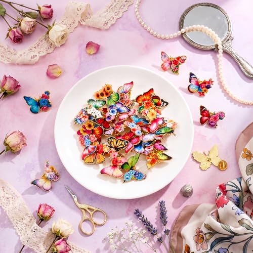 30/60 Pcs Cute Enamel Pins Bulk Plant Flower Animal Halloween Gothic Fall Pumpkin Cartoon Lapel Pin Brooches Jewelry Gift for Backpack Clothes Hats Accessories - style: Butterfly Flowers