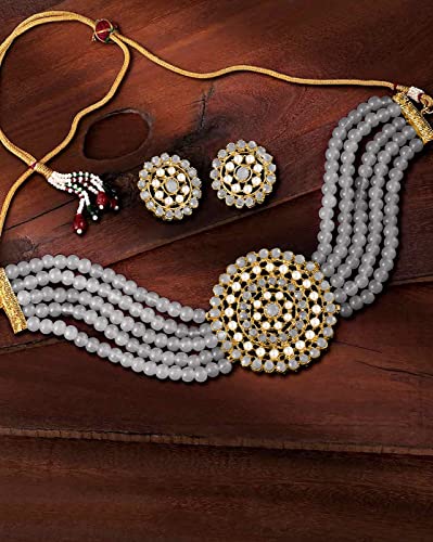 Aheli Pearl Diamond Choker Necklace & Round Earrings Gift for Women Indian Traditional Bollywood Fashion Bharatanatyam jewellery set - color: Grey