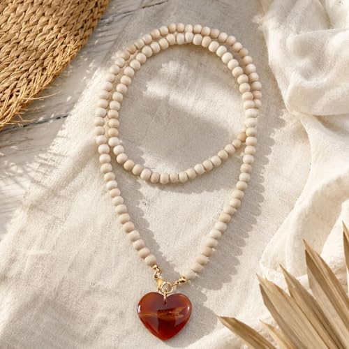 Chunky Beaded Heart Necklace Boho Statement Jewelry for Women Earthy Wooden Bead Necklace for Fall Outfit Sweater Accessories Vacation Styling Birthday Gift