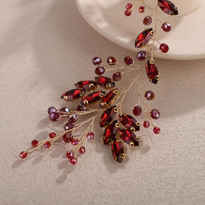 Teyglen Wine Red Rhinestone Wedding Headband Bridal Crystal Flower Hair Vine Handmade Burgundy Crystal Headpiece for Bride Hair Accessories for Women Head Piece(Wine Red) - color: Wine Red