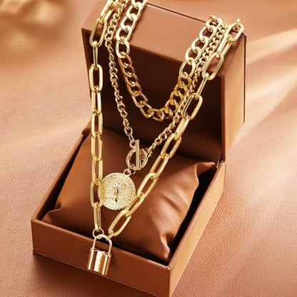 Gold Stack Necklace Chunky Necklaces for Women Trendy Coin Pendant Long Necklaces Western Jewelry for Women Cowgirl Cowboy Chic Country Outfit Boho Accessories Birthday Jewelry Gifts - color: B1: Gold Lock Necklace Stack