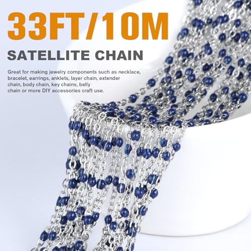 33FT 2mm Stainless Steel Navy Blue Enamel Chains Bulk for Jewelry Making | 304 Stainless Steel Enamel Beaded Cable Chains Roll Spool for Necklace Bracelet Craft - color: Stainless Steel Navy Blue Beads