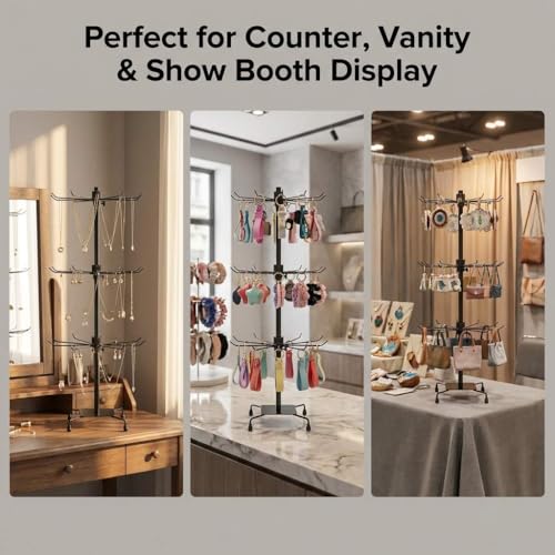 QWORK 3-Tier Rotating Metal Jewelry Display Stand – Adjustable Tabletop Holder for Necklaces, Earrings & Key Rings - size: 1 Pack