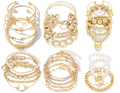 IFKM 6 PACK (24 PCS) Boho Gold Chain Bracelets Set for Women, 14K Gold Plated Multiple Layered Stackable Open Cuff Wrap Bangle Adjustable Link Italian Cuban Jewelry for Women Gift - style: 28pcs Gold Chain