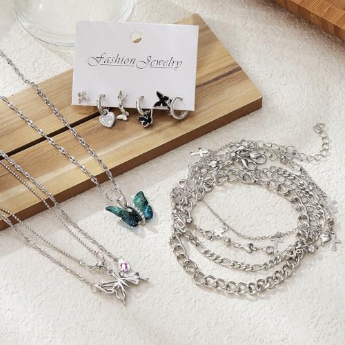 17IF 53 PCS(8 PACK) Silver Plated Jewelry Set for Women，4 Styles | with 6 Necklace 11 Ankle Bracelet 30 Kunckle Ring 6 Pair Earring Hoop Vintage Boho Pearl Birthday Travel Holiday - style: Vintage-1