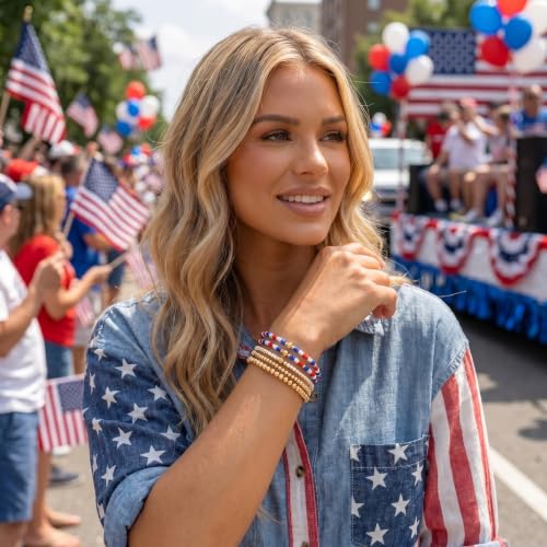 14K Gold Plated Beaded Bracelets Stack Set for Women,Stretch Boho Ball Jewelry Friendship Trendy - color: 4th of july