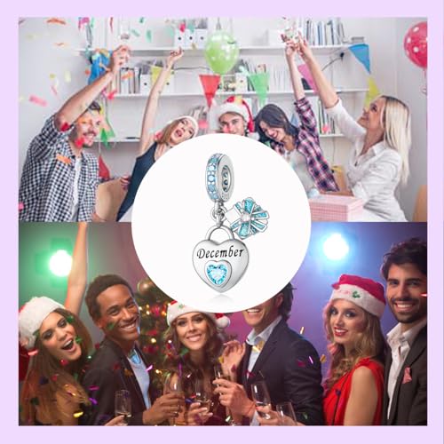925 Sterling Silver Birthstone Bracelet Charm - Unique Heart Shaped Design, Fits most Europe Pandora Bracelets and Necklaces, women's DIY holiday Gifts - style: L-December