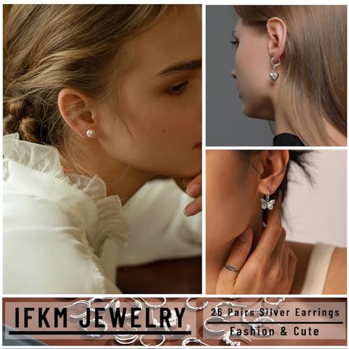 IFKM 24 Pairs Gold Hoop Earrings Set for Women Hypoallergenic Chunky Chain Twisted Open Hoops Dangle Earring Packs for Birthday Party Christmas Fashion Jewelry Gift - color: 26 Pairs Silver Cute